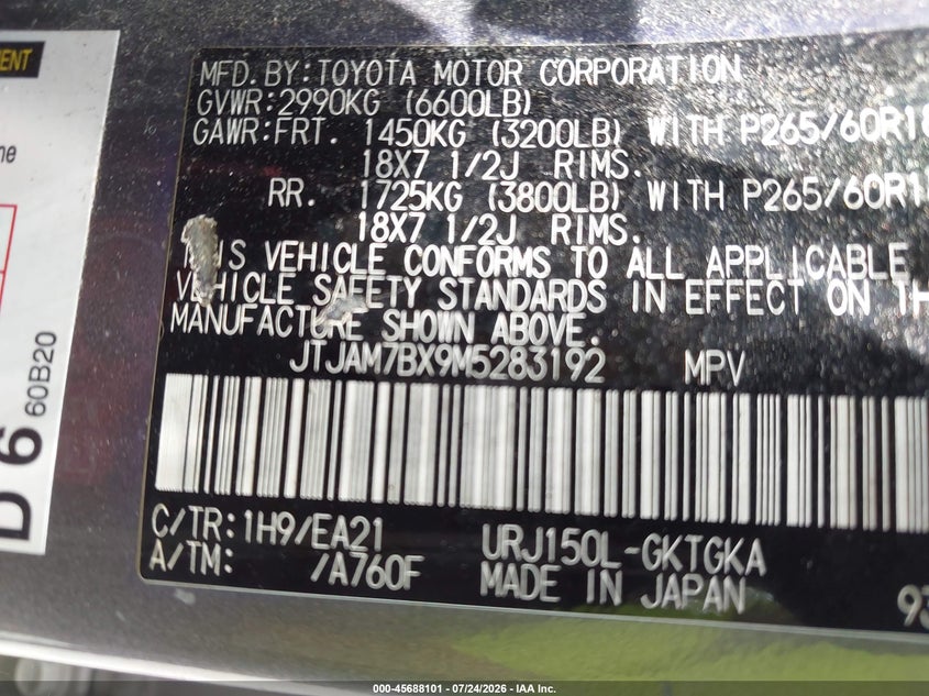 LEXUS GX 460 2021 VIN JTJAM7BX9M5283192