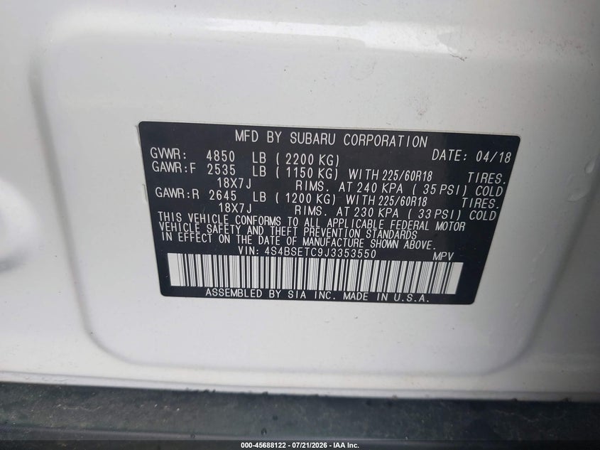 2018 Subaru Outback 3.6R Touring VIN: 4S4BSETC9J3353550 Lot: 45688122