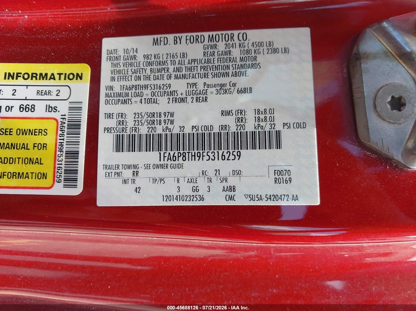 2015 Ford Mustang Ecoboost VIN: 1FA6P8TH9F5316259 Lot: 45688126