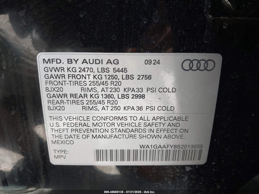 2025 Audi Q5 Premium 45 Tfsi S Line Quattro VIN: WA1GAAFY8S2019055 Lot: 45688135