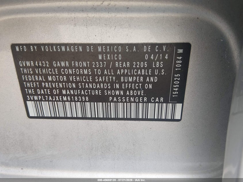 2014 Volkswagen Jetta Sportwagen 2.0L Tdi VIN: 3VWPL7AJXEM618398 Lot: 45688139