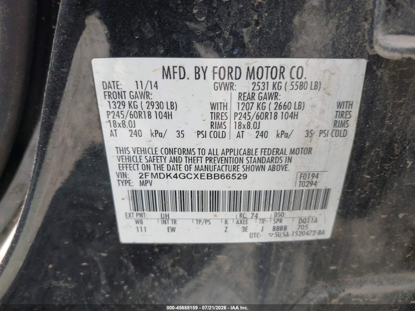 2014 Ford Edge Se VIN: 2FMDK4GCXEBB66529 Lot: 45688159