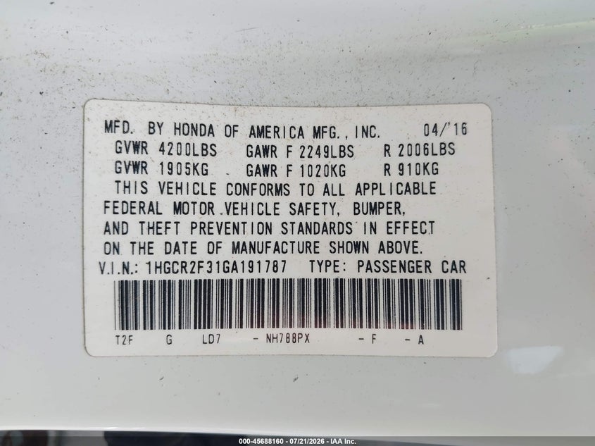 2016 Honda Accord Lx VIN: 1HGCR2F31GA191787 Lot: 45688160