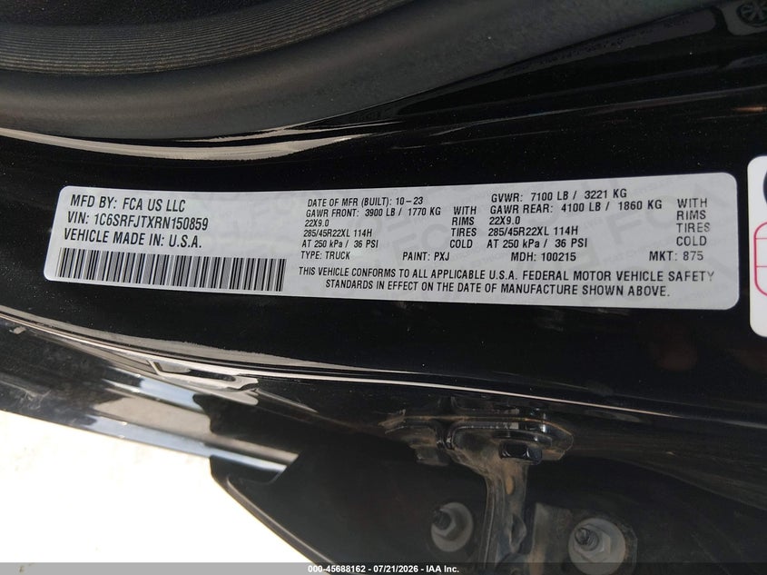 2024 Ram 1500 Laramie 4X4 5'7 Box VIN: 1C6SRFJTXRN150859 Lot: 45688162