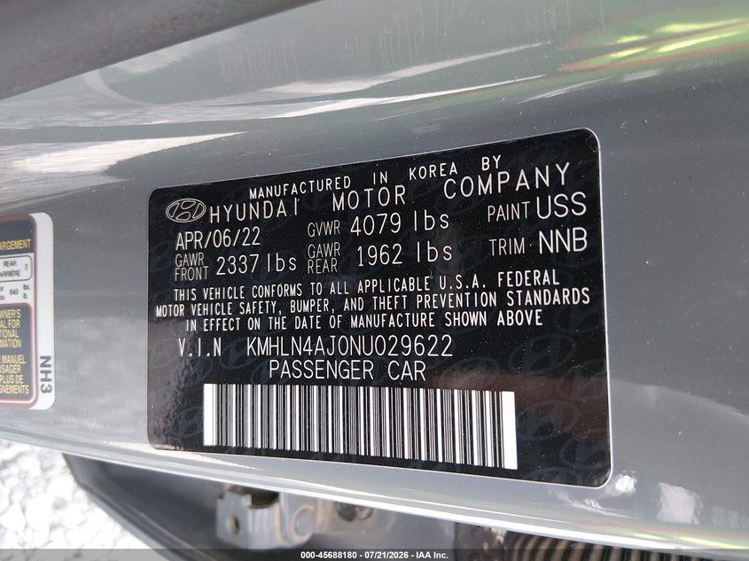 2022 Hyundai Elantra Hybrid Limited VIN: KMHLN4AJ0NU029622 Lot: 45688180