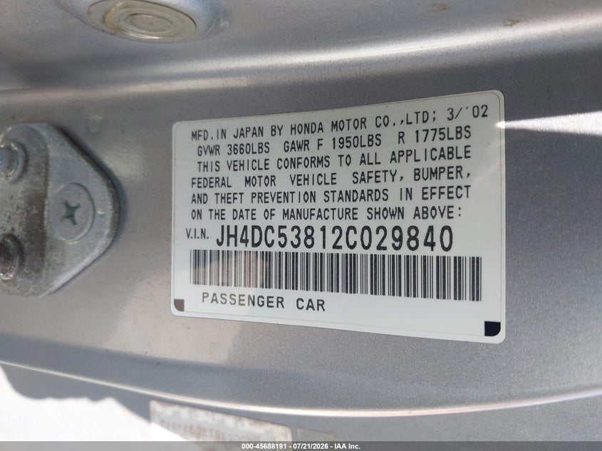 2002 Acura Rsx VIN: JH4DC53812C029840 Lot: 45688191