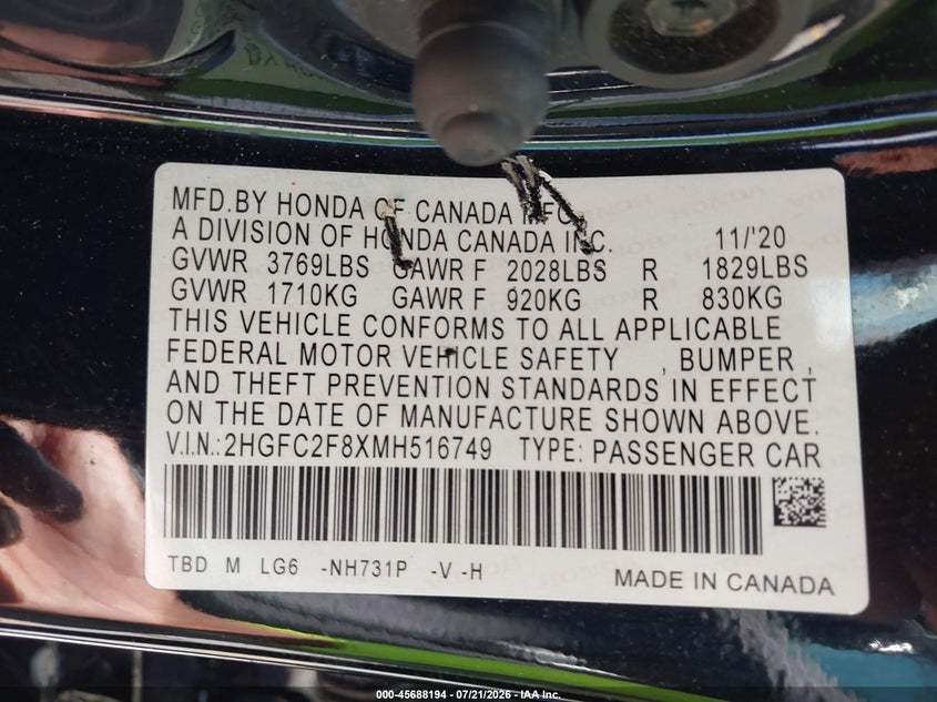 2021 Honda Civic Sport VIN: 2HGFC2F8XMH516749 Lot: 45688194