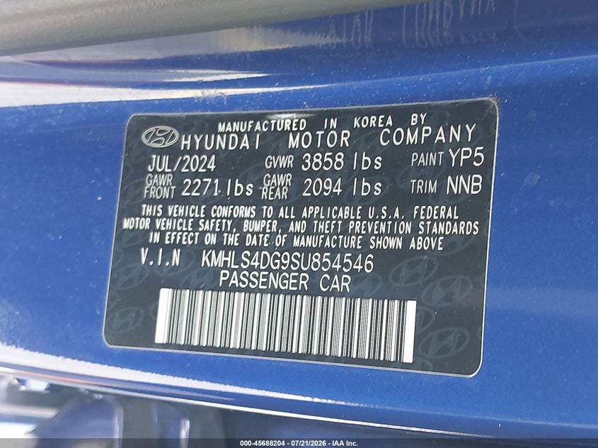 2025 Hyundai Elantra Sel Convenience VIN: KMHLS4DG9SU854546 Lot: 45688204
