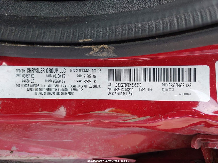 2013 Dodge Avenger Se VIN: 1C3CDZAB7DN535359 Lot: 45688207