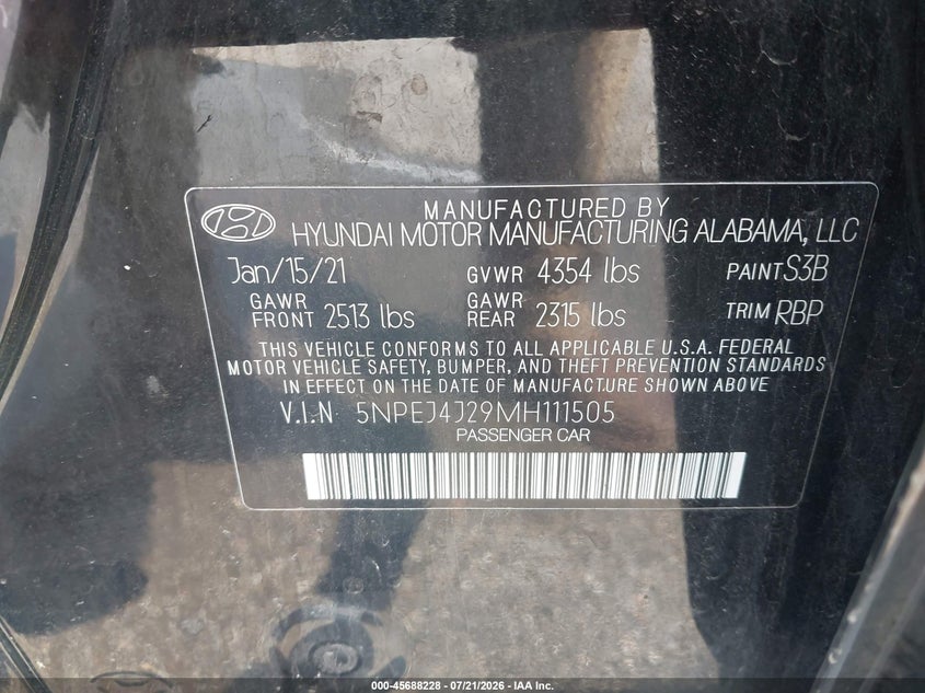 2021 Hyundai Sonata Sel Plus VIN: 5NPEJ4J29MH111505 Lot: 45688228