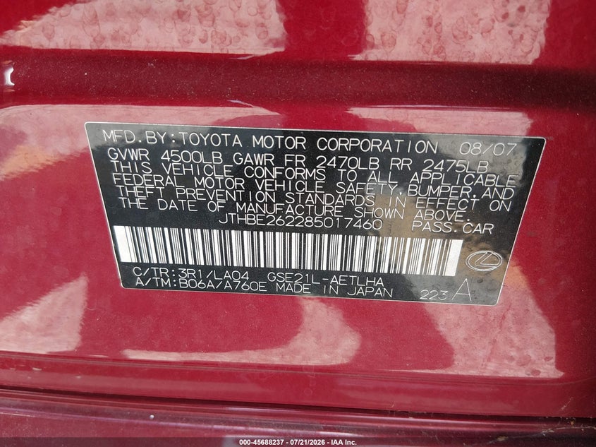 2008 Lexus Is 350 VIN: JTHBE262285017460 Lot: 45688237
