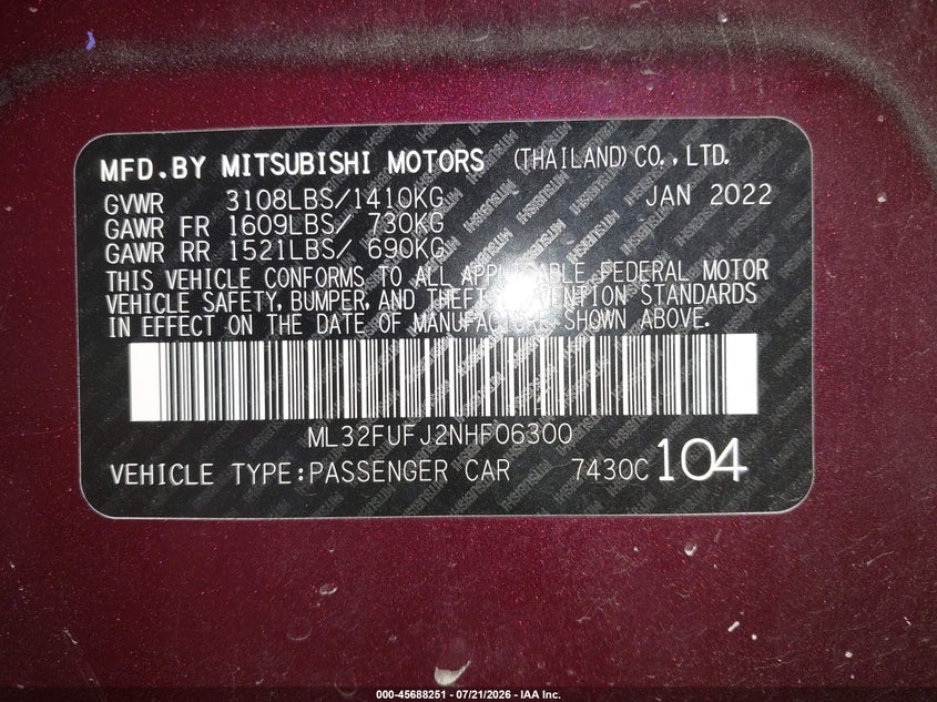 2022 Mitsubishi Mirage G4 Es VIN: ML32FUFJ2NHF06300 Lot: 45688251