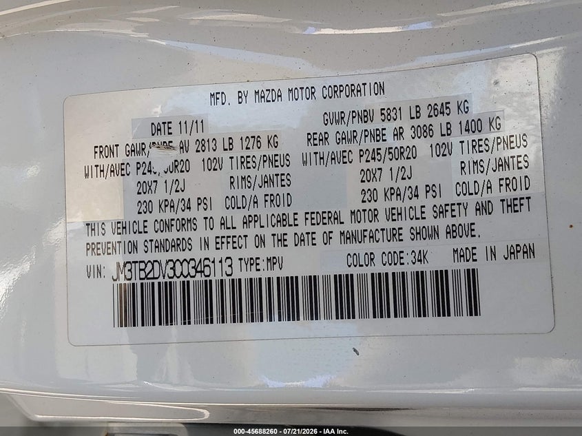2012 Mazda Cx-9 Grand Touring VIN: JM3TB2DV3C0346113 Lot: 45688260