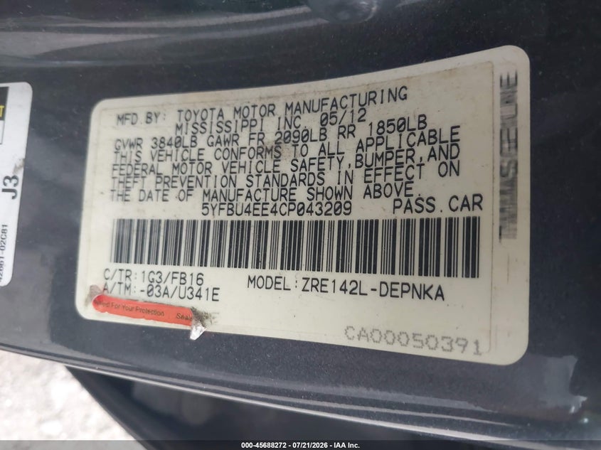 2012 Toyota Corolla Le VIN: 5YFBU4EE4CP043209 Lot: 45688272