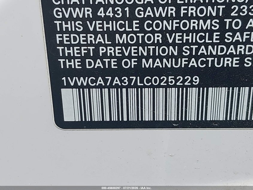 2020 Volkswagen Passat 2.0T Sel VIN: 1VWCA7A37LC025229 Lot: 45688297