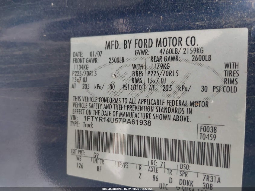2007 Ford Ranger Sport/Stx/Xl/Xlt VIN: 1FTYR14U57PA61938 Lot: 45688326