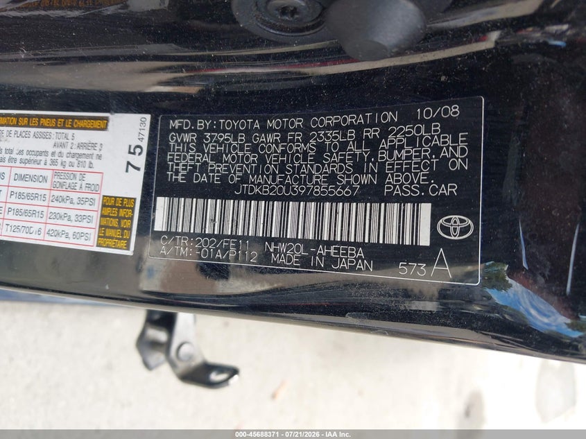 2009 Toyota Prius VIN: JTDKB20U397855667 Lot: 45688371