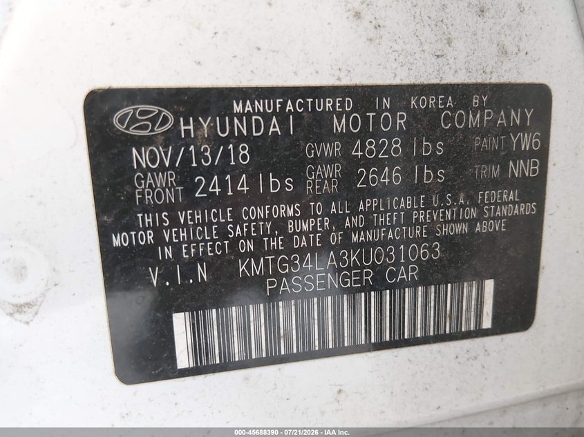 2019 Genesis G70 2.0T Advanced VIN: KMTG34LA3KU031063 Lot: 45688390