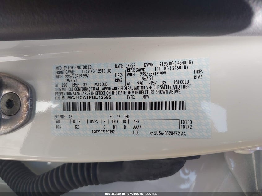 2023 Lincoln Corsair Standard VIN: 5LMCJ1CA1PUL12585 Lot: 45688409