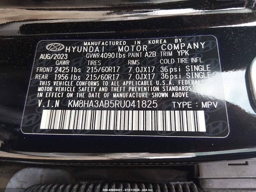 2024 Hyundai Kona Se VIN: KM8HA3AB5RU041825 Lot: 45688431