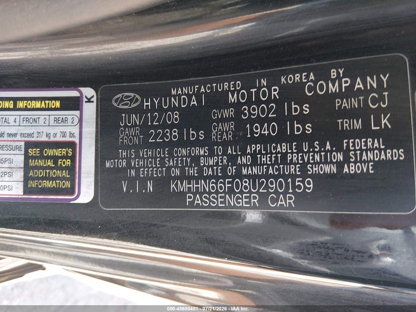 2008 Hyundai Tiburon Gt/Gt Limited/Se VIN: KMHHN66F08U290159 Lot: 45688451
