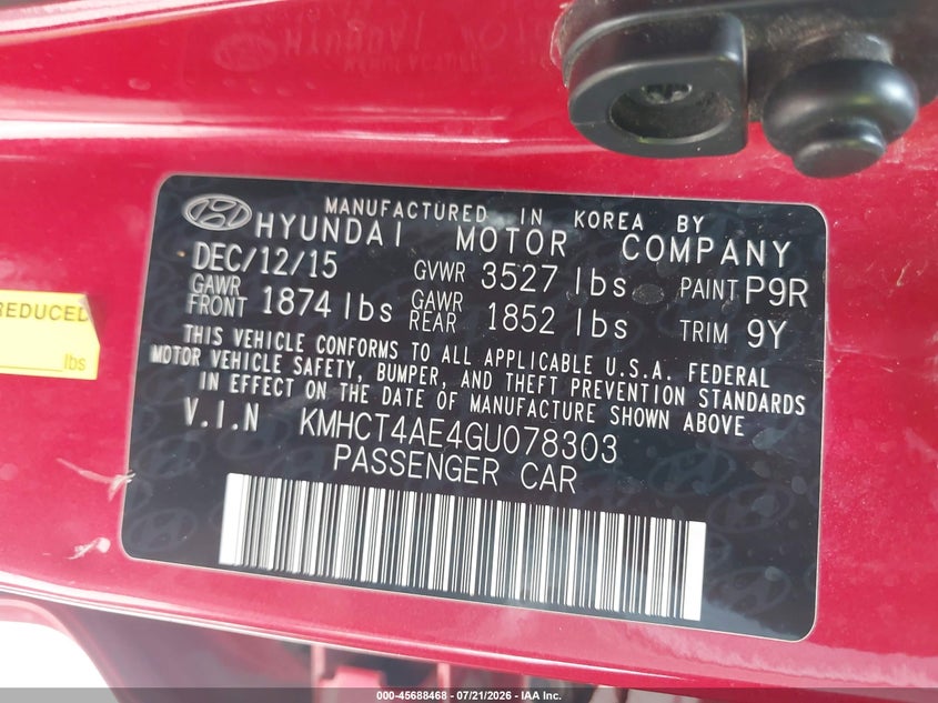 2016 Hyundai Accent Se VIN: KMHCT4AE4GU078303 Lot: 45688468