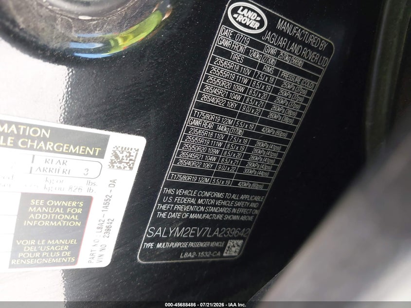 2020 Land Rover Range Rover Velar P380 R-Dynamic Hse VIN: SALYM2EV7LA239642 Lot: 45688486