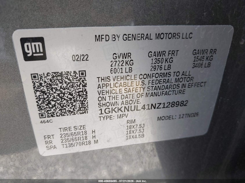 2022 GMC Acadia Awd Slt VIN: 1GKKNUL41NZ128982 Lot: 45688495