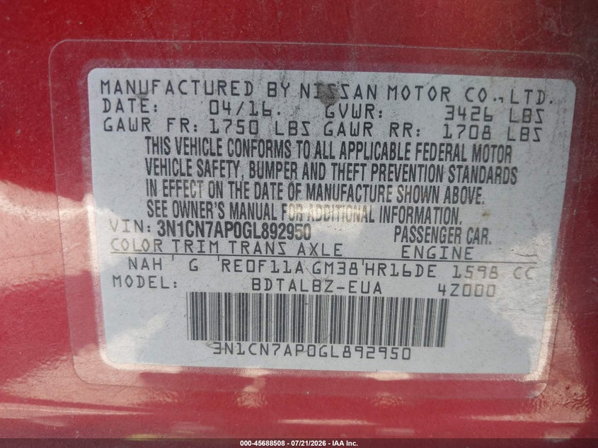 2016 Nissan Versa 1.6 Sv VIN: 3N1CN7AP0GL892950 Lot: 45688508