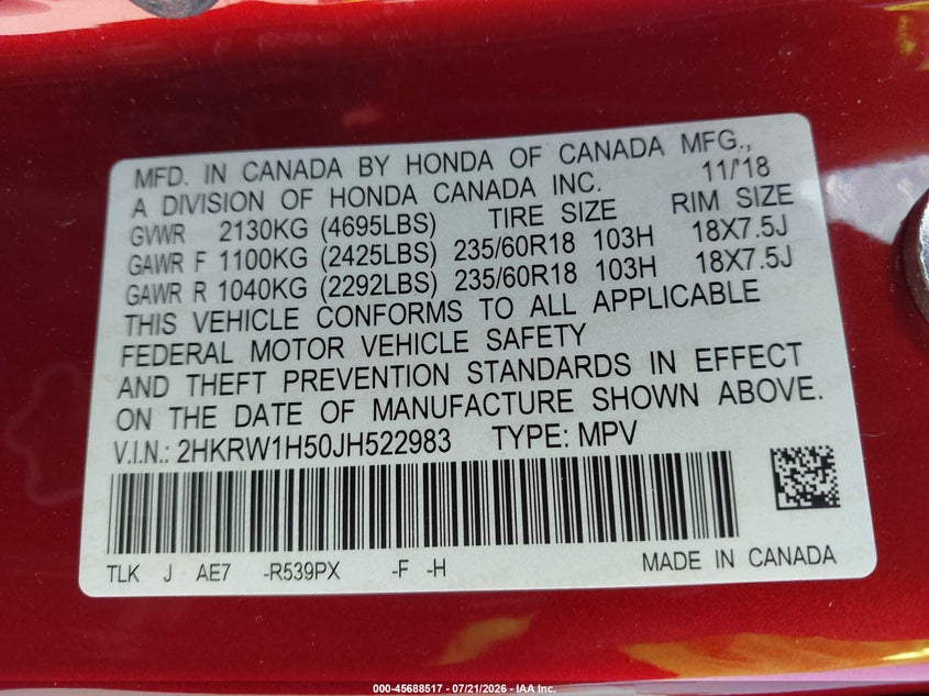 2018 Honda Cr-V Ex VIN: 2HKRW1H50JH522983 Lot: 45688517