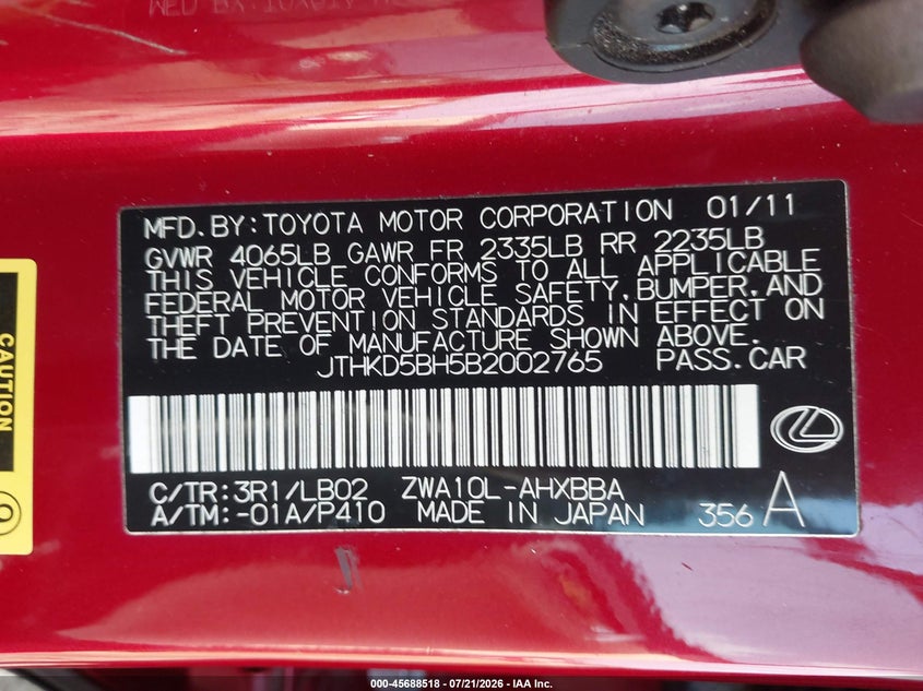 2011 Lexus Ct 200H Premium VIN: JTHKD5BH5B2002765 Lot: 45688518