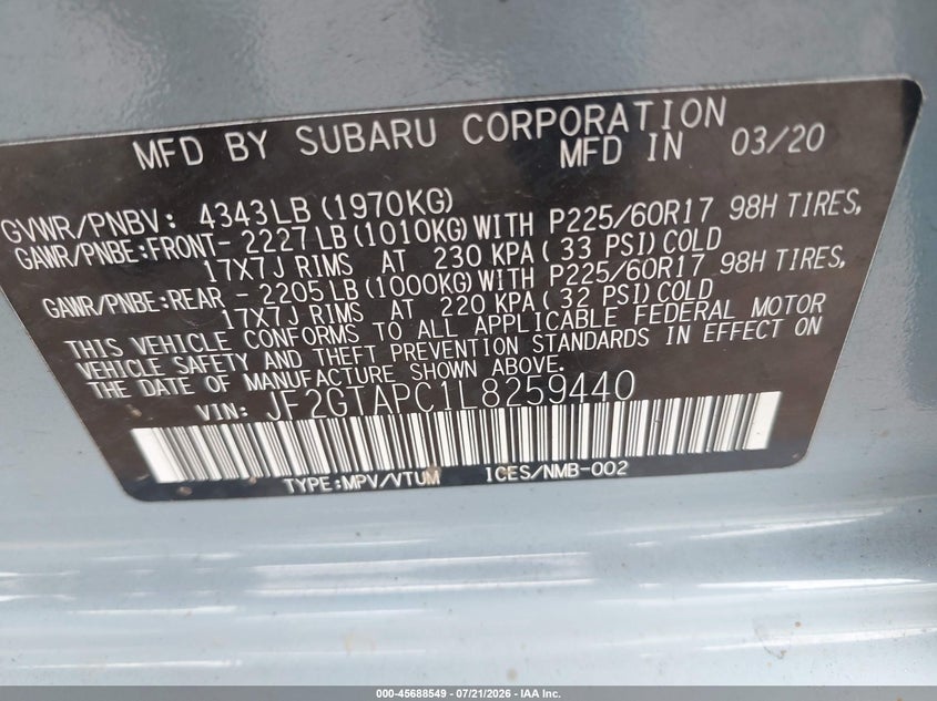 2020 Subaru Crosstrek Premium VIN: JF2GTAPC1L8259440 Lot: 45688549