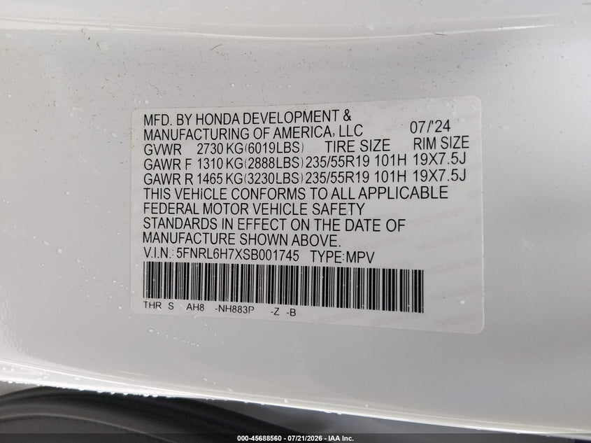 VIN 5FNRL6H7XSB001745 2025 HONDA ODYSSEY SPORT-L