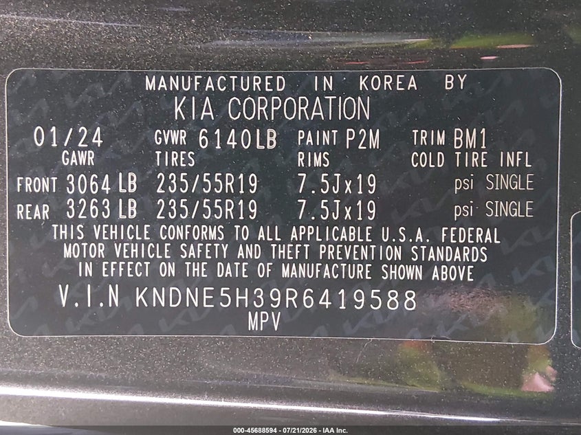 2024 Kia Carnival Mpv Sx Prestige VIN: KNDNE5H39R6419588 Lot: 45688594