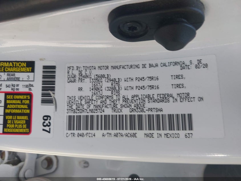 2020 Toyota Tacoma Sr5 V6 VIN: 3TMBZ5DN7LM025724 Lot: 45688619