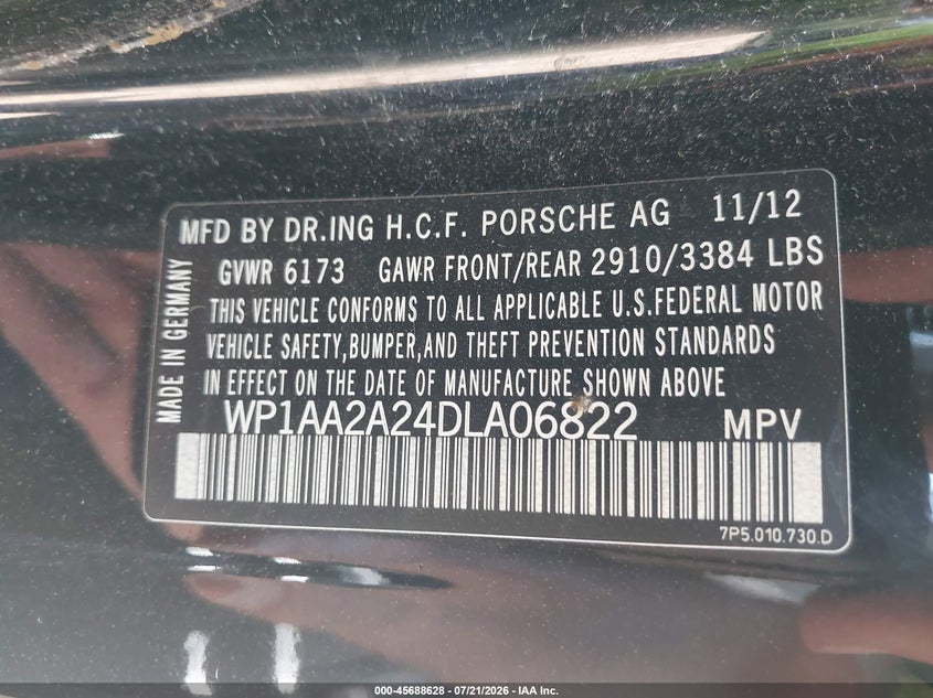 2013 Porsche Cayenne VIN: WP1AA2A24DLA06822 Lot: 45688628