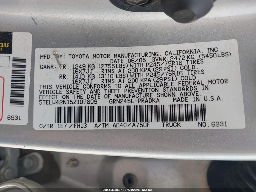 2005 Toyota Tacoma Base V6 VIN: 5TELU42N15Z107809 Lot: 45688637