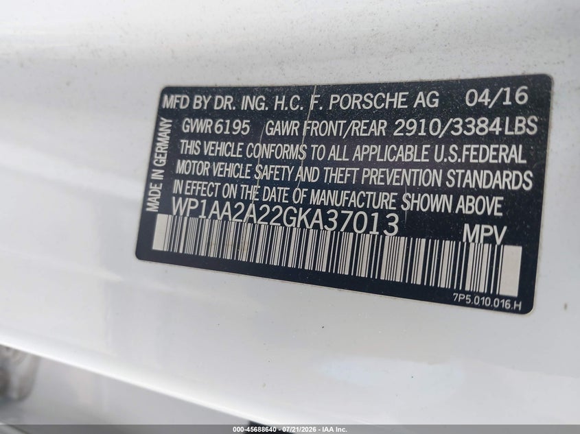 2016 Porsche Cayenne VIN: WP1AA2A22GKA37013 Lot: 45688640