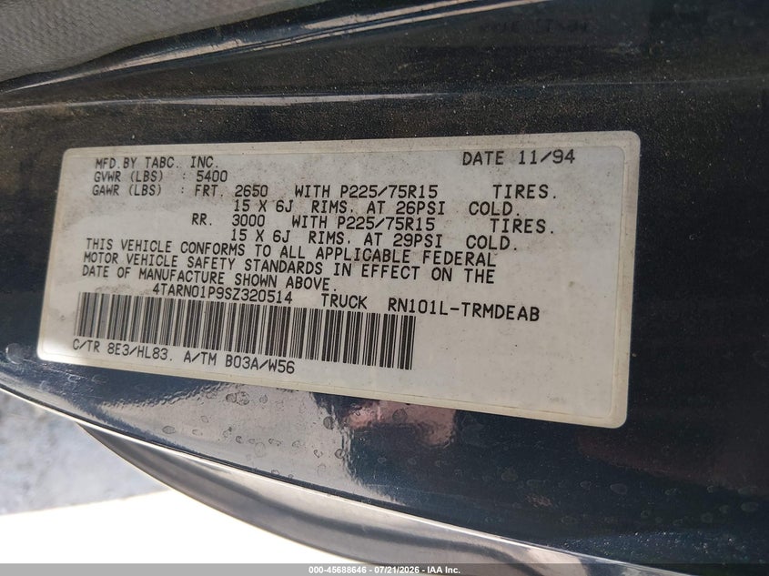 1995 Toyota Pickup 1/2 Ton Short Whlbse Dx VIN: 4TARN01P9SZ320514 Lot: 45688646
