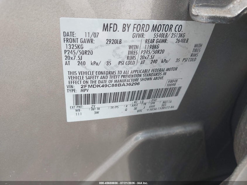 2008 Ford Edge Limited VIN: 2FMDK49C88BA36296 Lot: 45688656