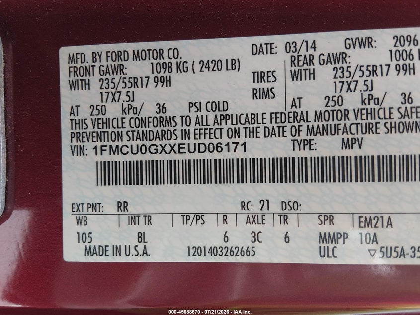 2014 Ford Escape Se VIN: 1FMCU0GXXEUD06171 Lot: 45688670
