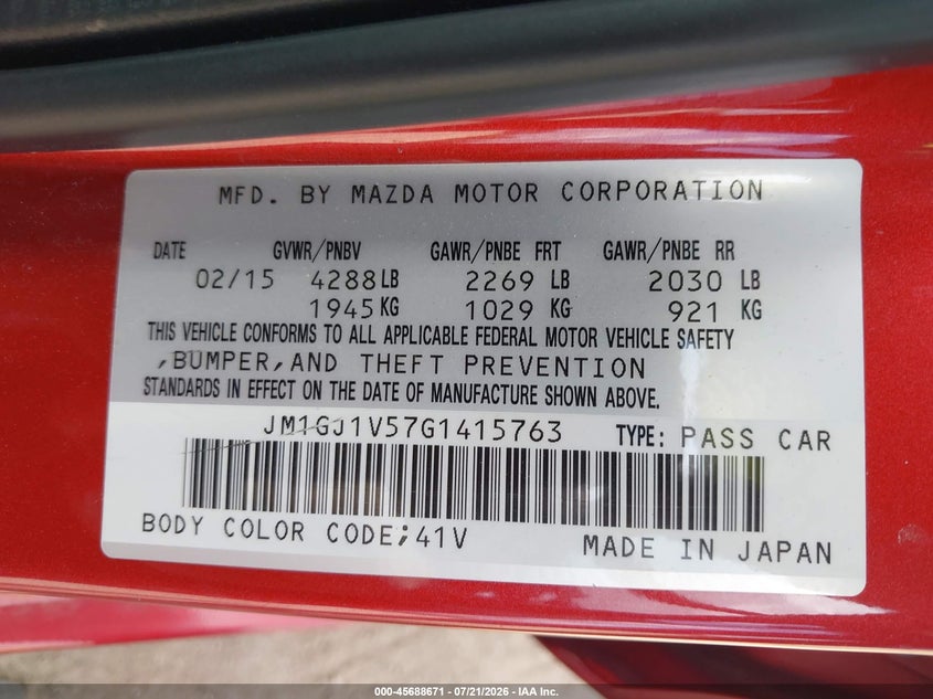 2016 Mazda Mazda6 I Touring VIN: JM1GJ1V57G1415763 Lot: 45688671