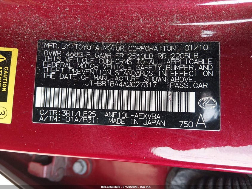 2010 Lexus Hs 250H VIN: JTHBB1BA4A2027317 Lot: 45688690