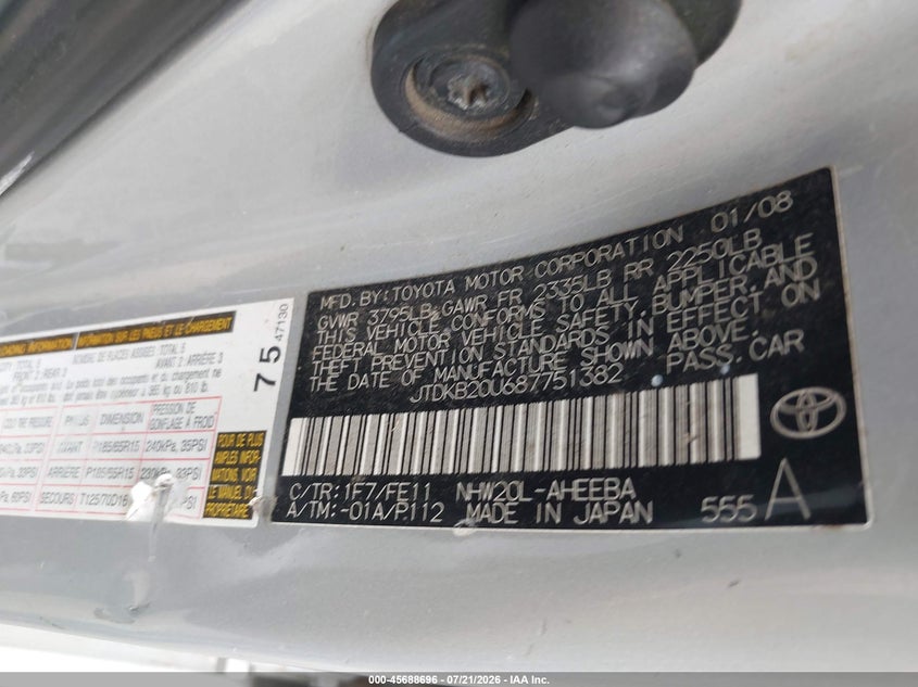2008 Toyota Prius VIN: JTDKB20U687751382 Lot: 45688696