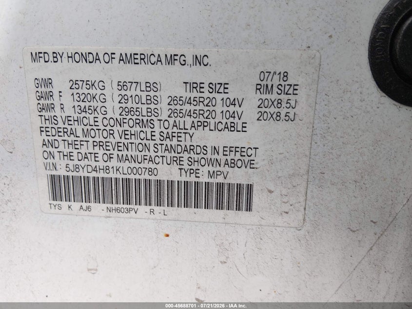 2019 Acura Mdx Advance Pkg VIN: 5J8YD4H81KL000780 Lot: 45688701