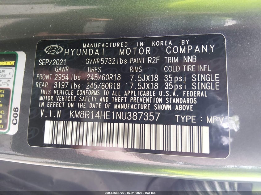 2022 Hyundai Palisade Se VIN: KM8R14HE1NU387357 Lot: 45688720