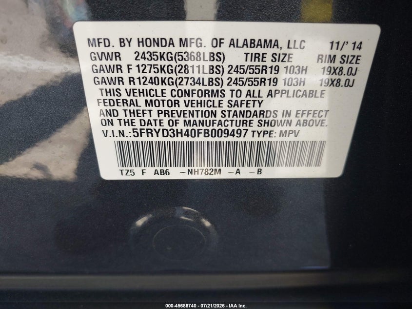 2015 Acura Mdx Technology Package VIN: 5FRYD3H40FB009497 Lot: 45688740