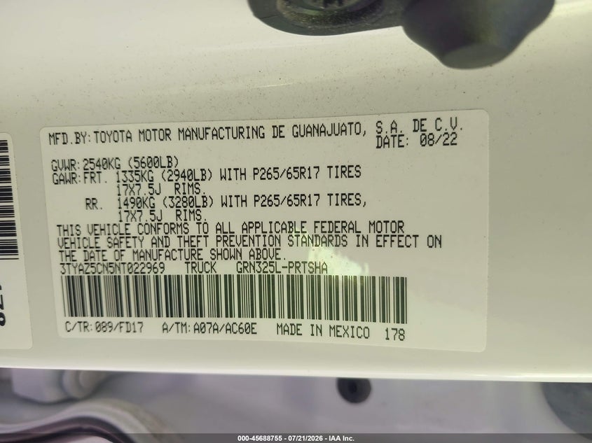 2022 Toyota Tacoma Sr5 V6 VIN: 3TYAZ5CN5NT022969 Lot: 45688755