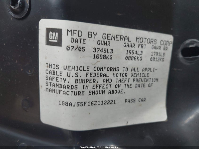 2006 Saturn Ion 2 VIN: 1G8AJ55F16Z112221 Lot: 45688760