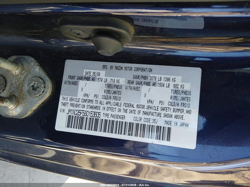 2008 Mazda Mx-5 Miata VIN: JM1NC25F580153605 Lot: 45688804